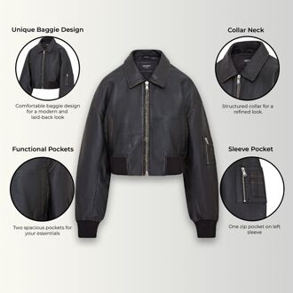 Oversized lederen MA-1 bomberjack voor dames Zwart