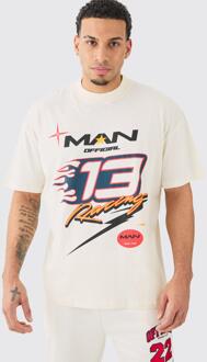 Oversized Man Racing T-Shirt Met Print, Ecru - S