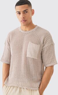 Oversized Open Stitch T-Shirt With Pocket In Stone, Stone - M