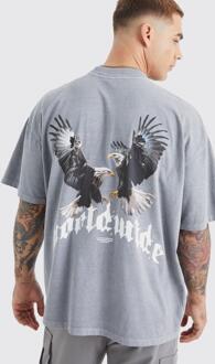 Oversized Overdye Eagle T-Shirt Met Print En Brede Nek, Grey - XL