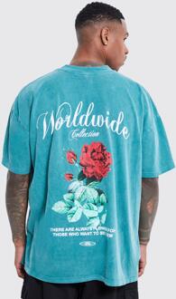 Oversized Overdye Worldwide Bloemen T-Shirt Met Print, Dark Green - S