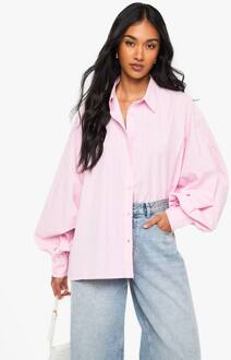 Oversized Overhemd Met Gestreepte Volumemouwen, Pink - 40