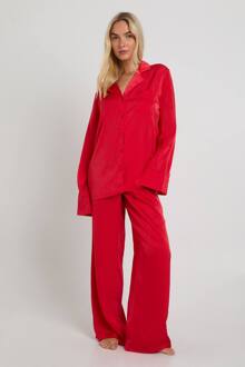 Oversized Satijn Langemouw Overhemd & Broek Pyjama Set, Red - 36