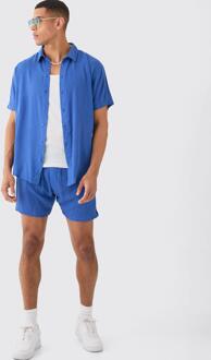 Oversized Short Sleeve Cheese Cloth Shirt And Short Set, Blue - L