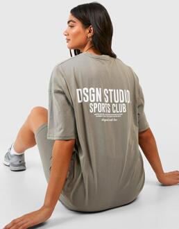 Oversized Sports Club T-Shirt Met Tekst, Washed Khaki