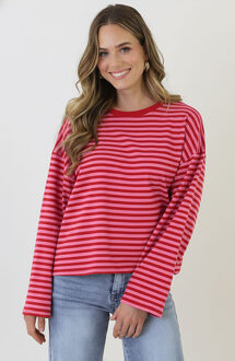 Oversized Strepen Top Katoen Fuchsia Roze