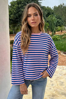 Oversized Strepen Top Katoen Kobalt Roze Kobaltblauw/Roze