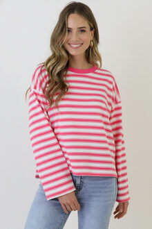 Oversized Strepen Top Viscose Fuchsia Koraalrood