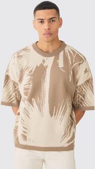 Oversized Tonal Abstract Drawing Knitted T-Shirt, Taupe - M
