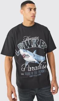 Oversized Verweven Paradise Haaien T-Shirt, Black - L