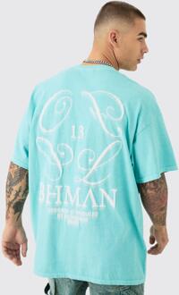 Oversized Washed Bhman Print T-Shirt, Blue - XS