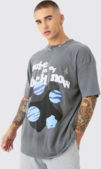 Oversized Washed Space Puff Print T-Shirt, Charcoal - XS