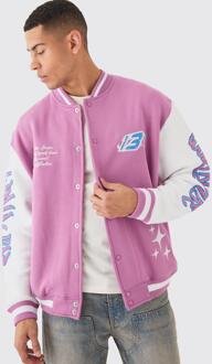 Oversized Worldwide Applique Jersey Bomber Jacket, Pink - L