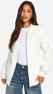 Oversized Zip Through Gebreide Bomberjack, Off White - M