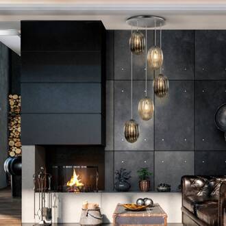 Ovila hanglamp, 5-lamps, rookgrijs/cognac, metaal, glas rookgrijs, cognac, chroom