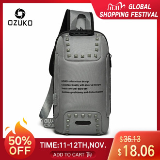OZUKO Fashion Men Rivet Crossbody Bags Anti-theft Messenger Bag USB Charging Chest Pack Short Trip Water Repellent Shoulder Bag