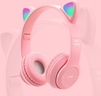 P47 Leuke Kat Oor Mode Led Licht Effect Bluetooth Headset Video Chat Online Klassen Draadloze Bedrade Kinderen Hoofdtelefoon roze