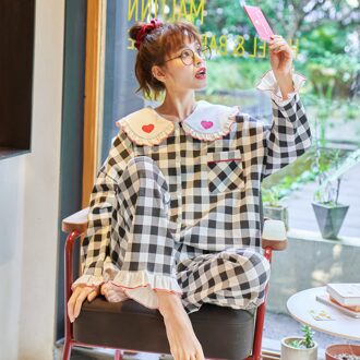 Paar Kleren Bijpassende Set Lente Lange Mouwen Plaid Ropa De Pareja Nachtkleding Katoen Bijpassende Paar Pyjama Home Service Pak dames / Xxl