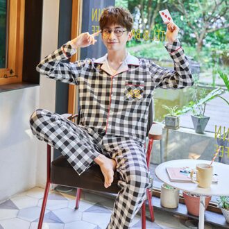 Paar Kleren Bijpassende Set Lente Lange Mouwen Plaid Ropa De Pareja Nachtkleding Katoen Bijpassende Paar Pyjama Home Service Pak heren / L