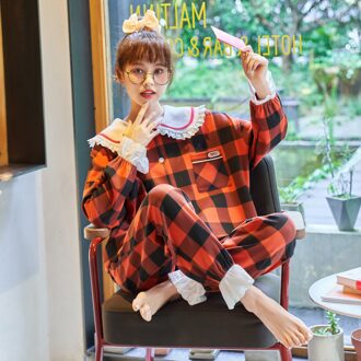 Paar Night Suits Lente Herfst Slaap Slijtage Plaid Koreaanse Pyjama Coton Lange Mouwen Bijpassende Paar Pyjama Home Service Suits dames / M
