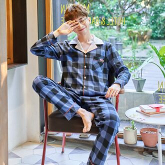 Paar Night Suits Lente Herfst Slaap Slijtage Plaid Koreaanse Pyjama Coton Lange Mouwen Bijpassende Paar Pyjama Home Service Suits heren / Xl