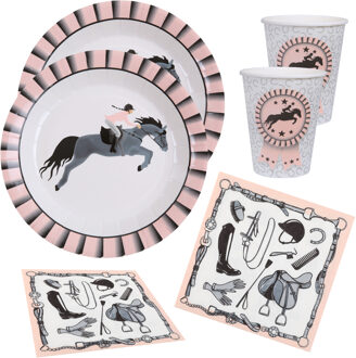 Paarden feest wegwerp servies set - 10x bordjes / 10x bekers / 20x servetten - grijs/roze - Feestpakketten