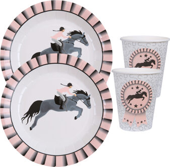 Paarden feest wegwerp servies set - 10x bordjes / 10x bekers - grijs/roze - Feestpakketten