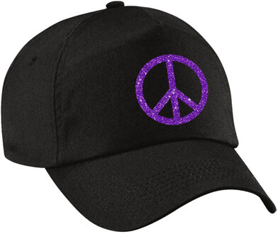 Paars glitter peace teken verkleed pet/cap zwart volwassenen - Verkleedhoofddeksels