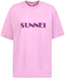 Paarse katoenen T-shirt met geborduurd logo Sunnei , Purple , Dames - Xs,2Xs
