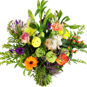 Paasboeket veldgeplukt geel-paars-lila-oranje