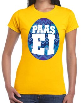 Paasei t-shirt geel met blauw ei voor dames XS