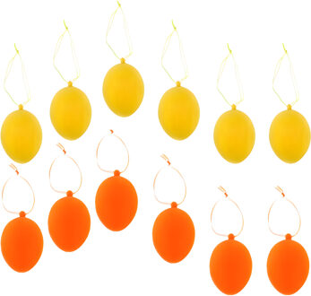 Paaseieren hangdecoratie - geel en oranje - 12x stuks - 4 x 6 cm - Paasversiering