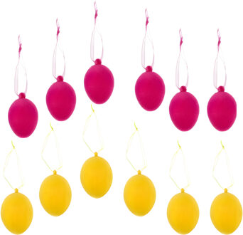 Paaseieren hangdecoratie - roze en geel - 12x stuks - 4 x 6 cm - Paasversiering