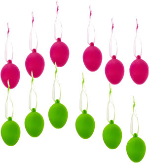 Paaseieren hangdecoratie - roze en groen - 12x stuks - 4 x 6 cm - Paasversiering