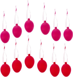 Paaseieren hangdecoratie - roze en rood - 12x stuks - 4 x 6 cm - Paasversiering