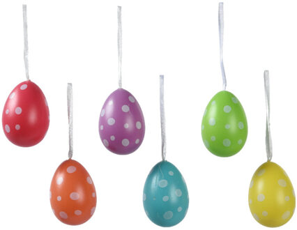 Paaseieren met stippen - 6x - kunststof gekleurd - H6 cm