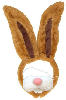 Paashaas/konijn oren diadeem bruin met tandjes/snuitje voor volwassenen - Verkleedhoofddeksels