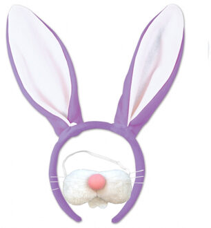 Paashaas/konijn oren diadeem paars/wit met tandjes/snuitje voor volwassenen - Verkleedhoofddeksels