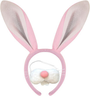 Paashaas/konijn oren - diadeem roze/wit - met tandjes/snuit - voor volwassenen - verkleed set