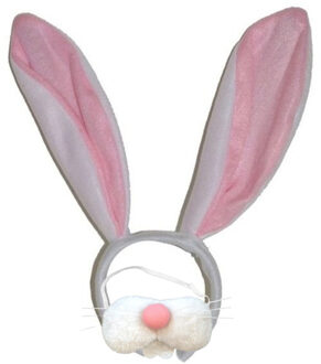 Paashaas/konijn oren - diadeem roze/wit - met tandjes/snuit - voor volwassenen - verkleed set