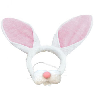 Paashaas/konijn oren diadeem roze/wit met tandjes/snuitje voor volwassenen - Verkleedhoofddeksels Multikleur