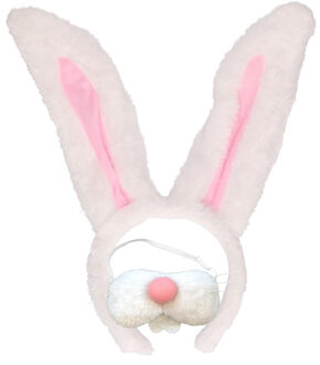 Paashaas/konijn oren diadeem roze/wit met tandjes/snuitje voor volwassenen - Verkleedhoofddeksels Multikleur