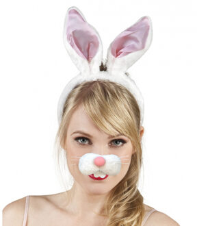 Paashaas/konijn oren diadeem roze/wit met tandjes/snuitje voor volwassenen - Verkleedhoofddeksels Multikleur