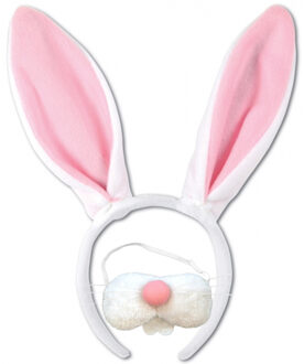 Paashaas/konijn oren diadeem roze/wit met tandjes/snuitje voor volwassenen - Verkleedhoofddeksels