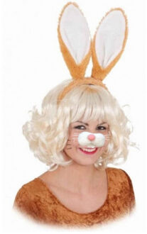 Paashaas/Konijn verkleed set - oren diadeem met tandjes/snuitje - lichtbruin - voor volwassenen