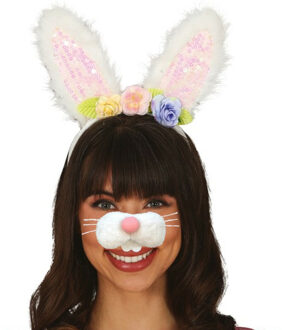Paashaas/konijn verkleed set - oren diadeem met tandjes/snuitje - wit met bloemen - voor volwassenen