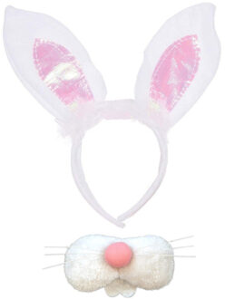 Paashaas/konijn verkleed set - oren diadeem met tandjes/snuitje - wit - voor volwassenen