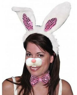 Paashaas/konijn verkleed set - oren diadeem met tandjes/snuitje - wit - voor volwassenen