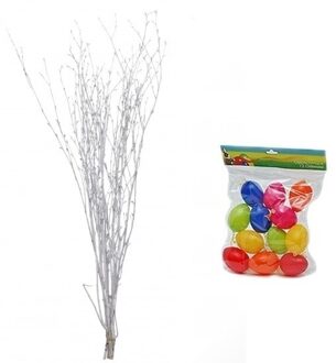 Paastakken met 12x gekleurde paaseieren - berkentakken - 75 cm - wit - paasdecoratie