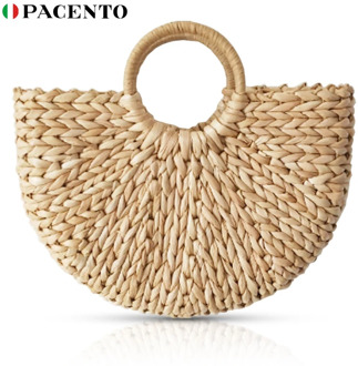 PACENTO 2020 Women's Bag Straw Handbag Half Moon Female Summer Beach Bag Handmade Beach Handbags Knitted Hand Bags Bali Bohemian